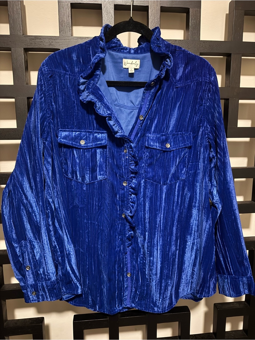 Wonderly Royal Blue Velvet Ruffle Button-Up Blouse Size Large